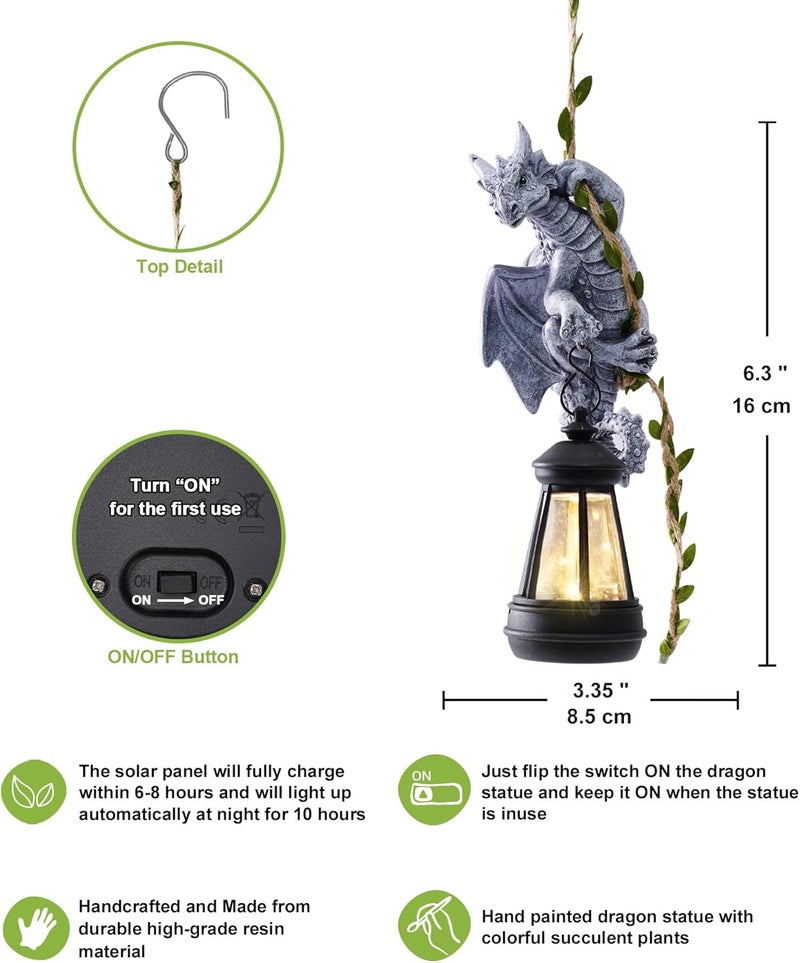 Nacome Dragon Outdoor Statues for Garden: Outside Hanging Climbing Sculptures with Lantern Decor for Yard Art Porch Balcony - Christmas Birthday Gifts for Grandma Mom Women - Image 2